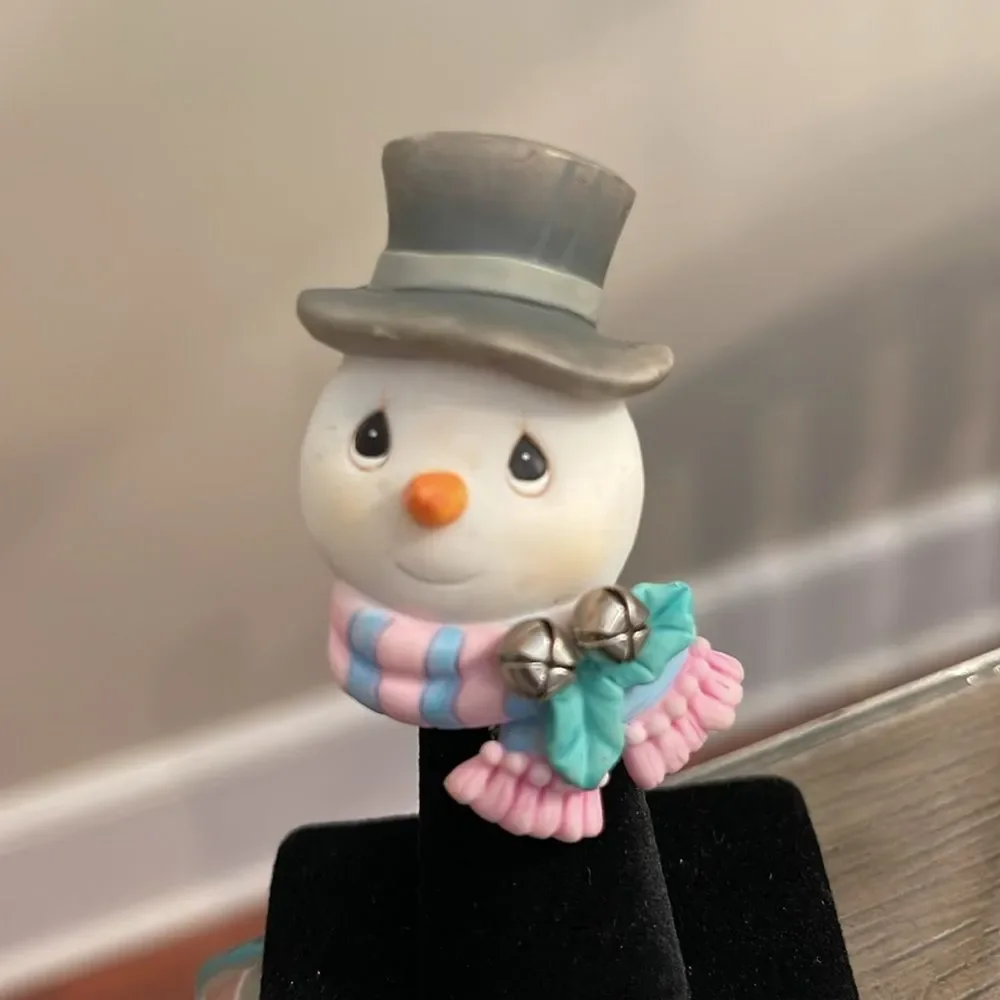 Vintage Precious Moments Snowman Figurine with Pink and Blue Scarf Holiday Pin